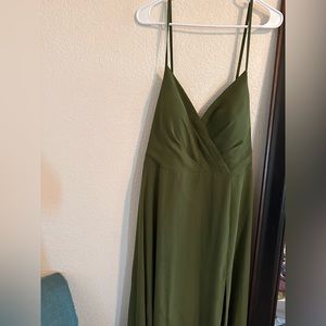 Olive green formal maxi dress with leg slit